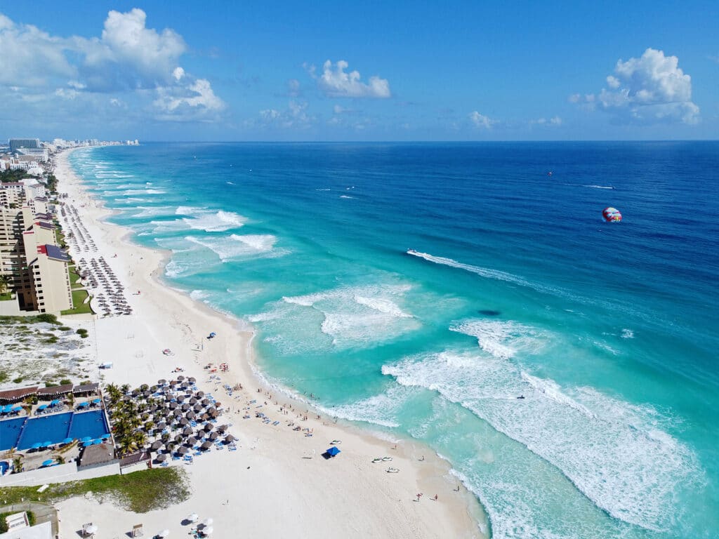 Cancun beach and hotel zone aerial view, Cancun